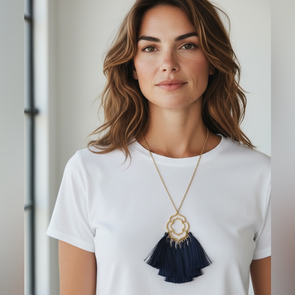 Gold-Tone Navy Tassel Pendant Necklace